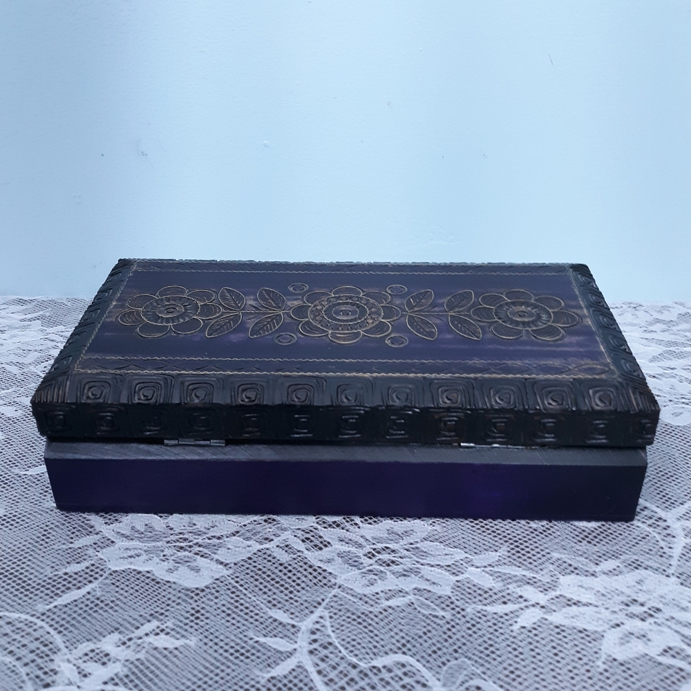 Purple Carved Polish Wooden Jewelry Flowers Floral Black Rectangle Trinket Hinge - Picture 11 of 11